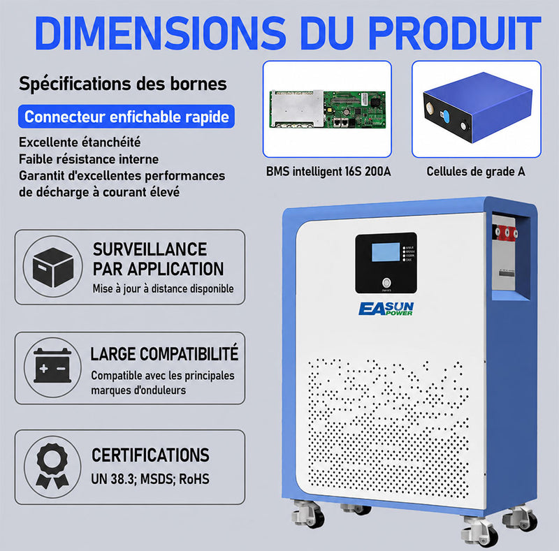 [0% Vat] Easun Power Batterie Lithium LiFePO4  15kW 51,2V 300Ah 15kWh Haute Capacité pour Stockage Solaire Domestique
