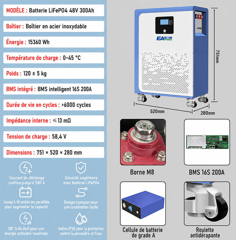 [0% Vat] Easun Power Batterie Lithium LiFePO4  15kW 51,2V 300Ah 15kWh Haute Capacité pour Stockage Solaire Domestique