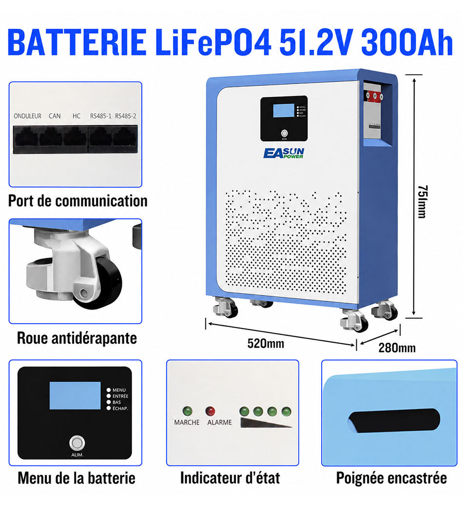 [0% Vat] Easun Power Batterie Lithium LiFePO4  15kW 51,2V 300Ah 15kWh Haute Capacité pour Stockage Solaire Domestique