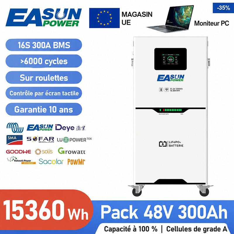[0% Vat] Easun Power Batterie Lithium LiFePO4  15kW 51,2V 300Ah 15kWh Haute Capacité pour Stockage Solaire Domestique
