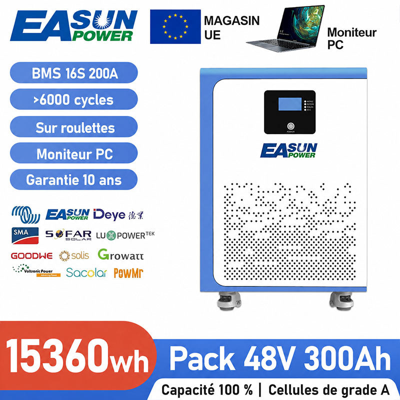 [0% Vat] Easun Power Batterie Lithium LiFePO4  15kW 51,2V 300Ah 15kWh Haute Capacité pour Stockage Solaire Domestique