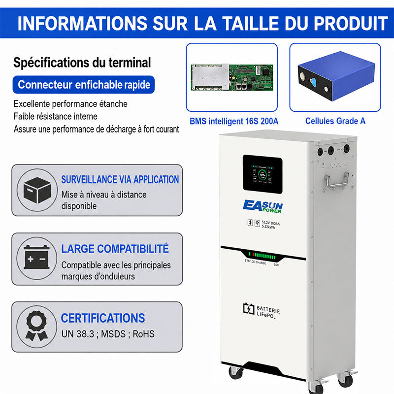 [0% Vat] Easun Power Batterie Lithium LiFePO4  15kW 51,2V 300Ah 15kWh Haute Capacité pour Stockage Solaire Domestique