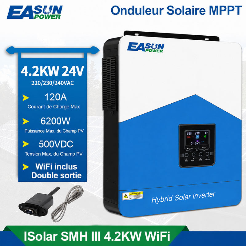 Onduleur Solaire Hybride EASUN POWER 4,2kW 24V avec Contrôleur de Charge MPPT 110A et WiFi pour Système Photovoltaïque et Batterie Lithium