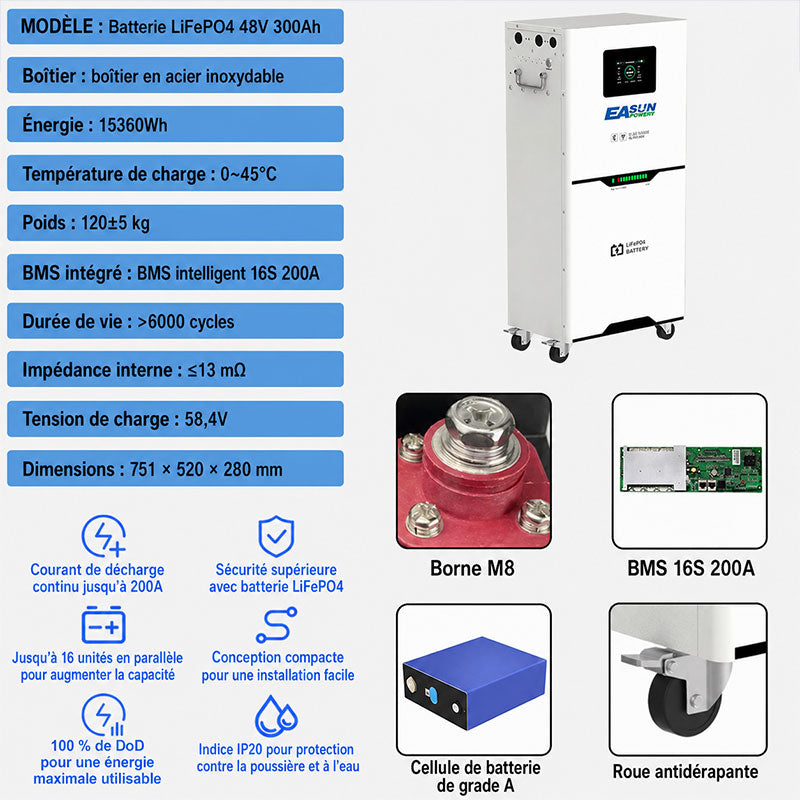 [0% Vat] Easun Power Batterie Lithium LiFePO4  15kW 51,2V 300Ah 15kWh Haute Capacité pour Stockage Solaire Domestique