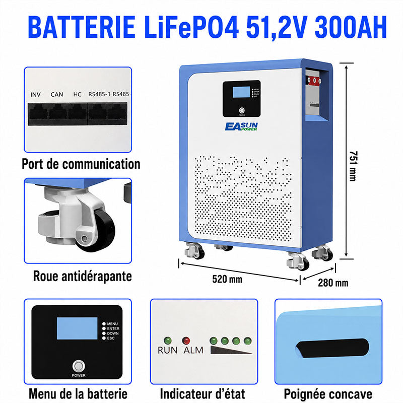 [0% Vat] Easun Power Batterie Lithium LiFePO4  15kW 51,2V 300Ah 15kWh Haute Capacité pour Stockage Solaire Domestique