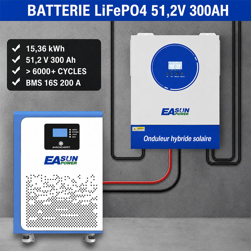 [0% Vat] Easun Power Batterie Lithium LiFePO4  15kW 51,2V 300Ah 15kWh Haute Capacité pour Stockage Solaire Domestique