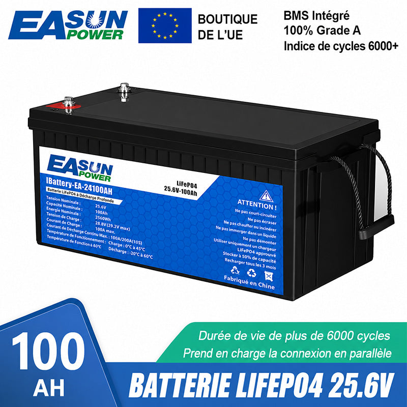 Batterie Lithium LiFePO4 25,6V 100Ah 2,56kWh pour Stockage d’Énergie Solaire et Système Photovoltaïque EASUN POWER (0% TVA)