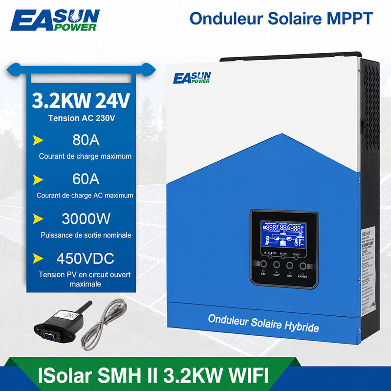 Onduleur Solaire Hors Réseau EASUN POWER 3,2kW 24V MPPT 80A avec WiFi pour Système Photovoltaïque et Batterie Lithium