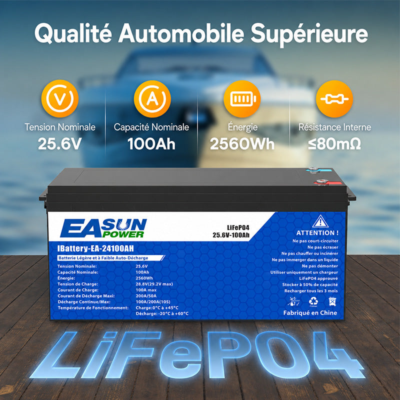 Batterie Lithium LiFePO4 25,6V 100Ah 2,56kWh pour Stockage d’Énergie Solaire et Système Photovoltaïque EASUN POWER (0% TVA)