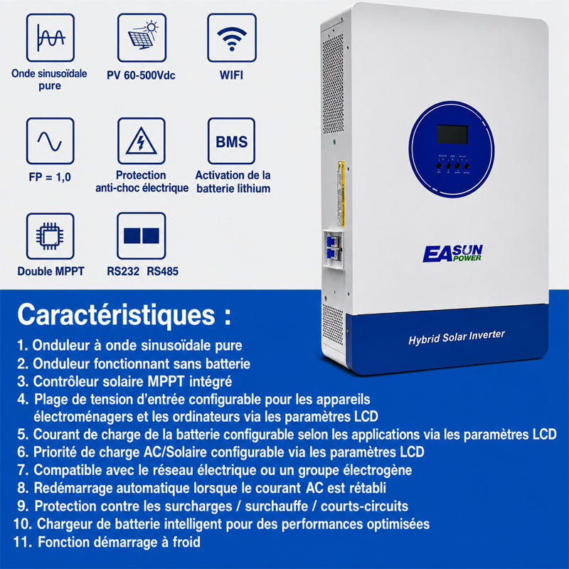 Onduleur Solaire Hors Réseau EASUN 11kW MPPT 160A WiFi intégré fonctionnement sans batterie