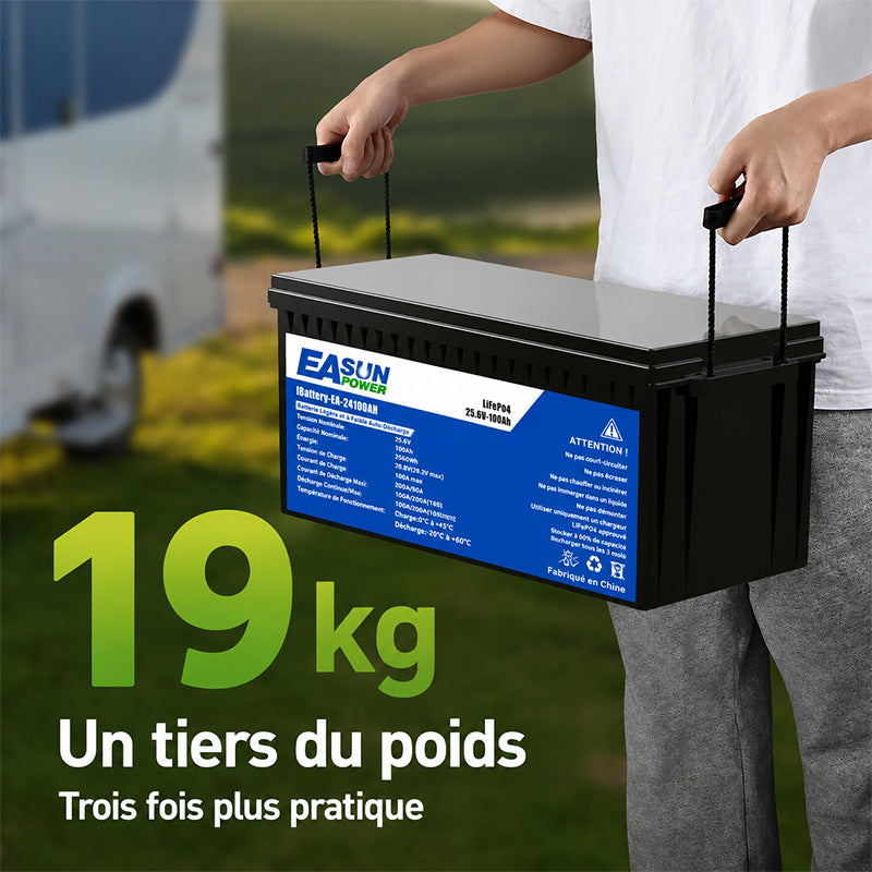Batterie Lithium LiFePO4 25,6V 100Ah 2,56kWh pour Stockage d’Énergie Solaire et Système Photovoltaïque EASUN POWER (0% TVA)