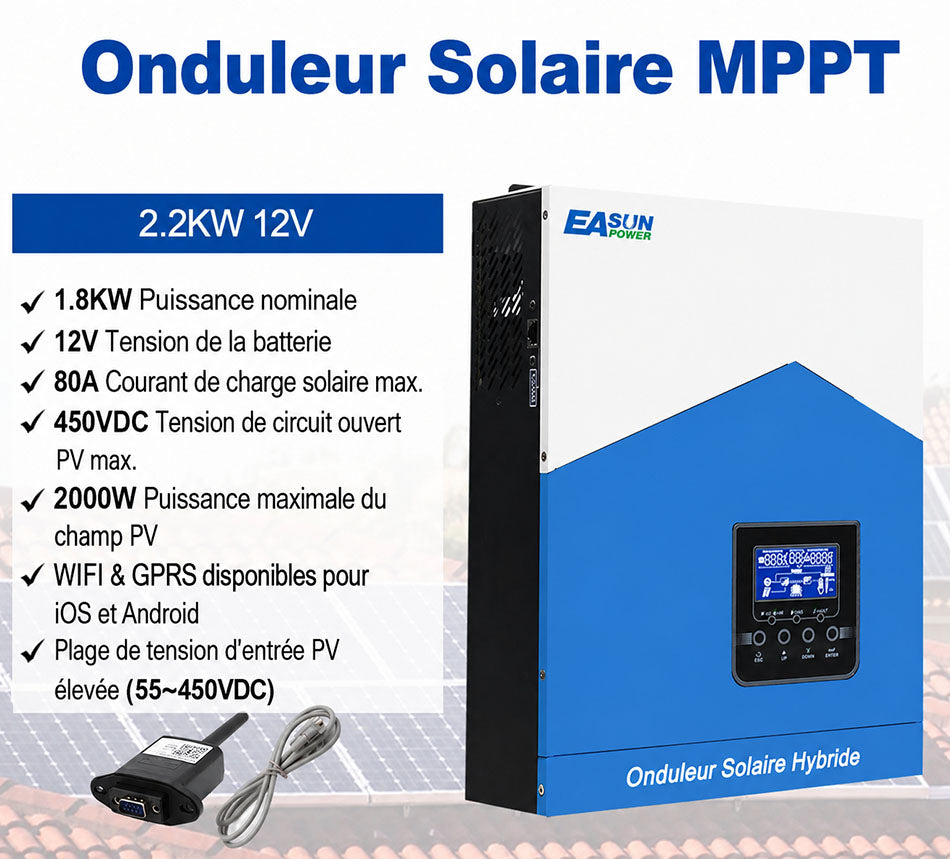 Onduleur Solaire Hors Réseau EASUN POWER 2,2kW 12V 220V MPPT 80A WiFi intégré