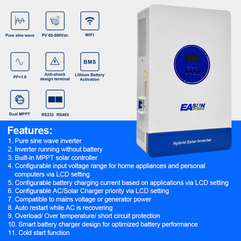 EASUN 11KW Off Grid Inverter Build-in MPPT 160A With Wifi Accept No Battery Work