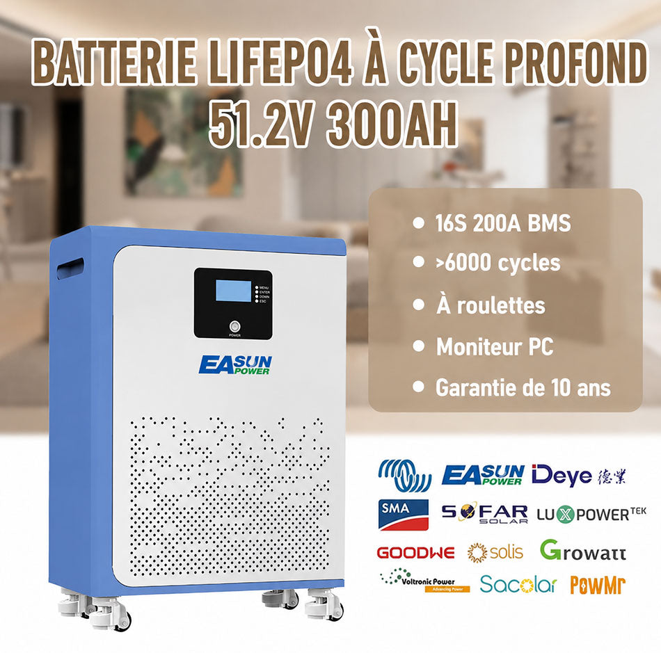 [0% Vat] Easun Power Batterie Lithium LiFePO4  15kW 51,2V 300Ah 15kWh Haute Capacité pour Stockage Solaire Domestique