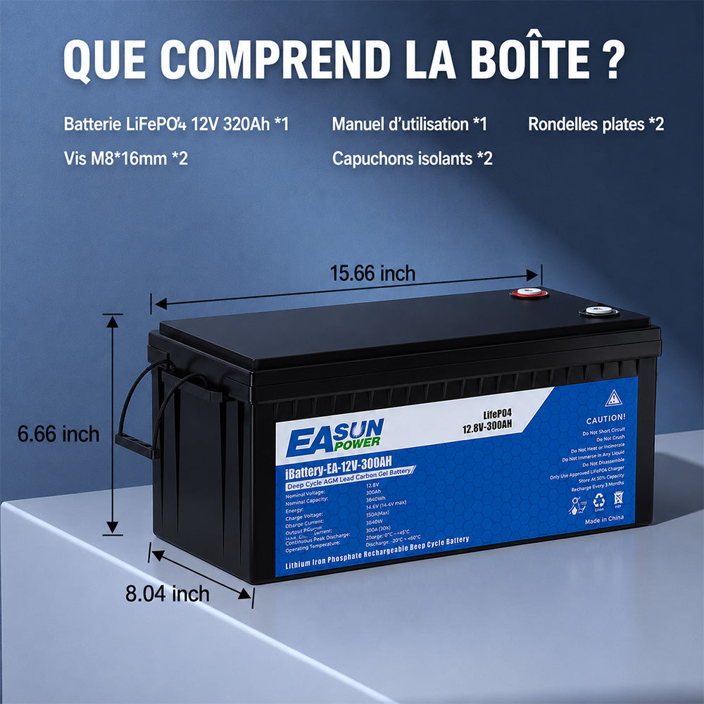 [0% Vat] Easun Power Batterie LiFePO4 12,8V 300Ah Easun Power – Grande Capacité pour Applications Solaires