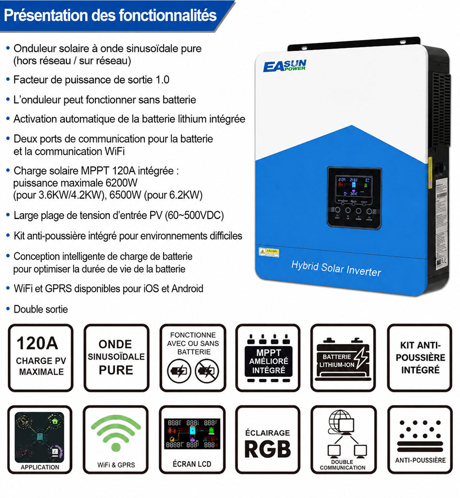 Onduleur Solaire Hybride EASUN POWER 4,2kW 24V avec Contrôleur de Charge MPPT 110A et WiFi pour Système Photovoltaïque et Batterie Lithium