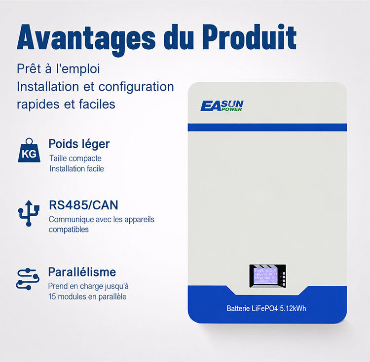 [0% Vat] Easun Power Batterie Solaire LiFePO4 Easun Power 51,2 V 100 Ah avec BMS Intégré