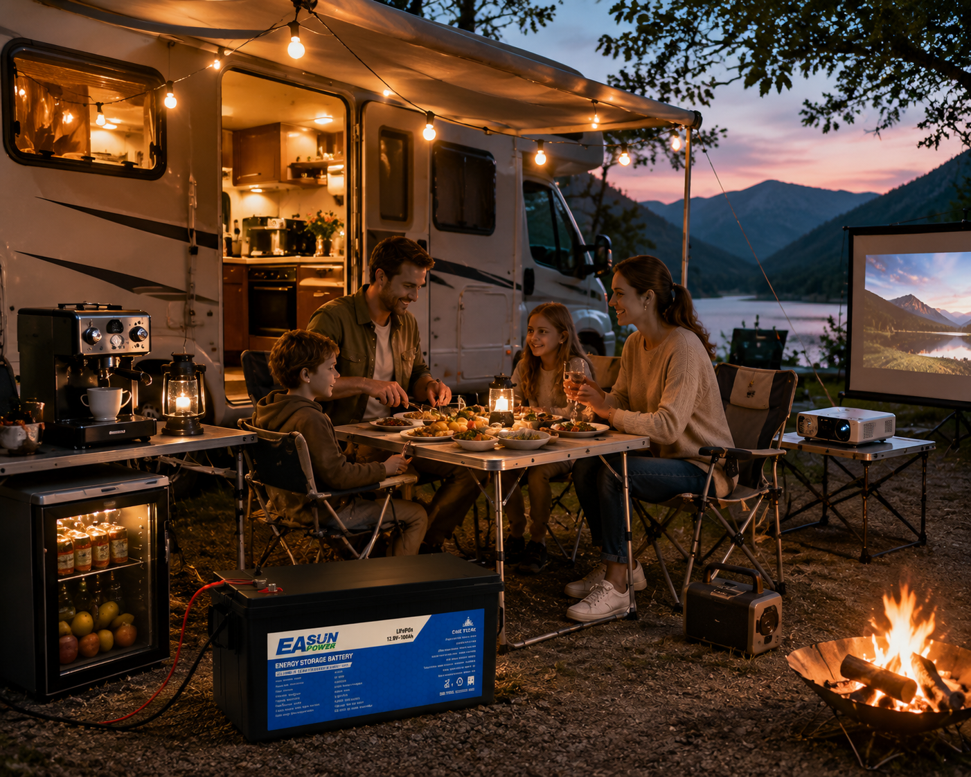 Famille en camping près du lac avec un camping-car, utilisant une batterie EASUN pour alimenter les appareils.