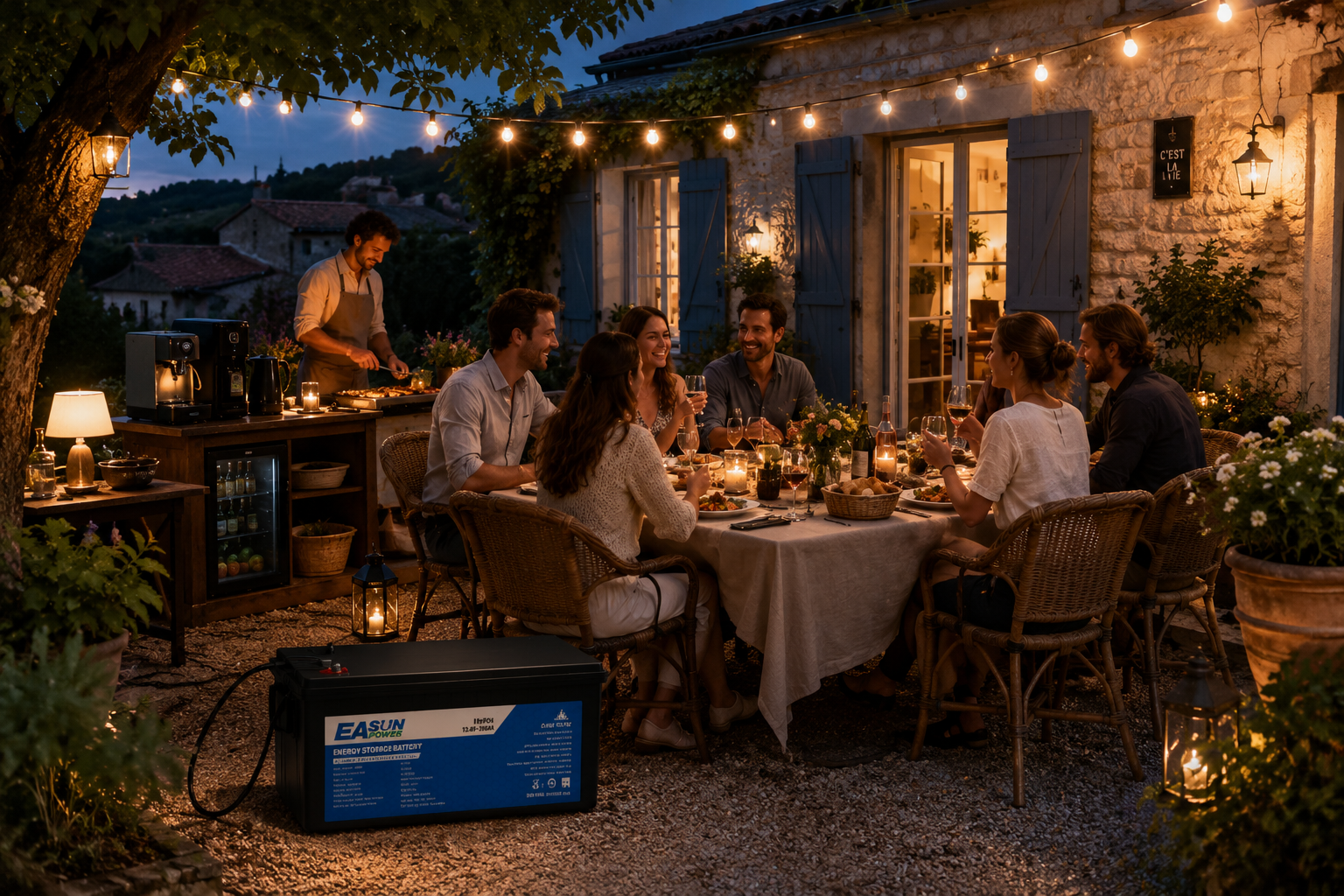 Famille française et amis profitant d'un dîner en terrasse, avec une batterie EASUN alimentant les appareils.