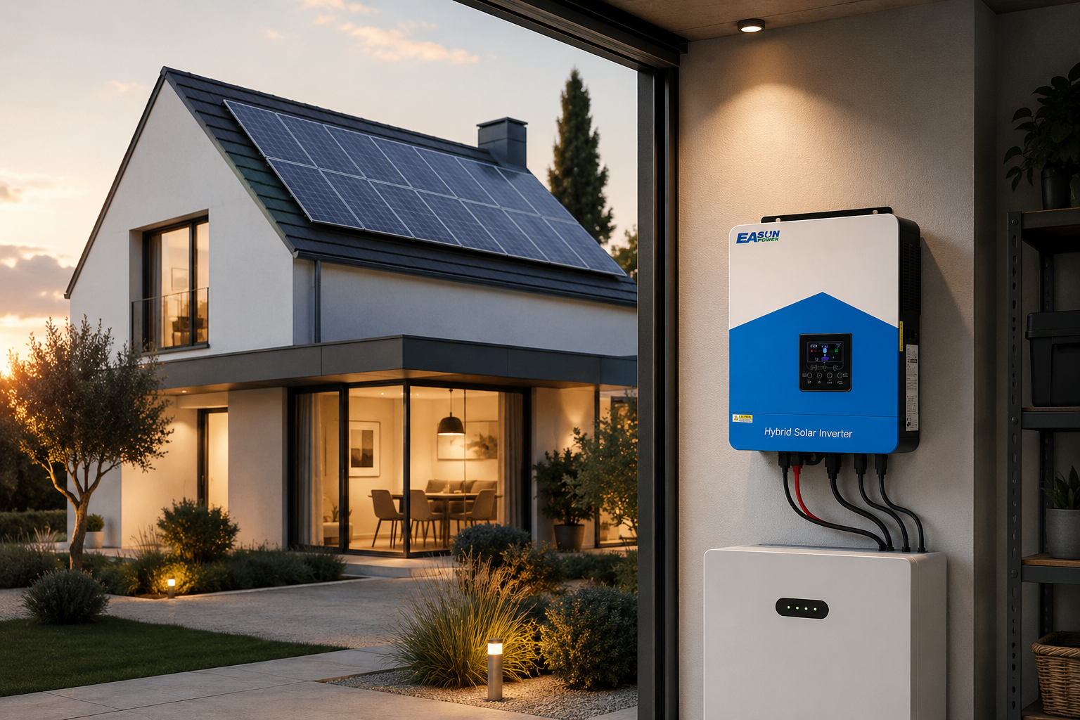 Modern French-style home with rooftop solar panels, featuring a sleek EASUN hybrid solar inverter and battery system mounted in the garage, illuminated by warm golden hour light, showcasing sustainable and smart living.