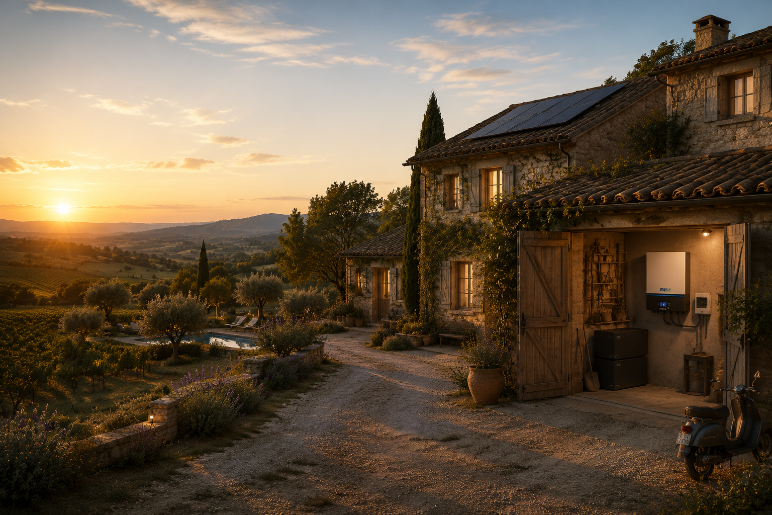 Luxury off-grid solar inverter installed in a French countryside stone house with vineyard sunset scenery