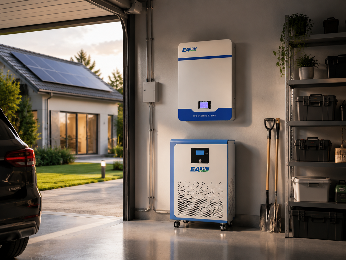 Garage moderne avec deux unités de batterie EASUN, une murale et une mobile, intégrées à un système solaire résidentiel, soulignant l’efficacité énergétique et le design ordonné.