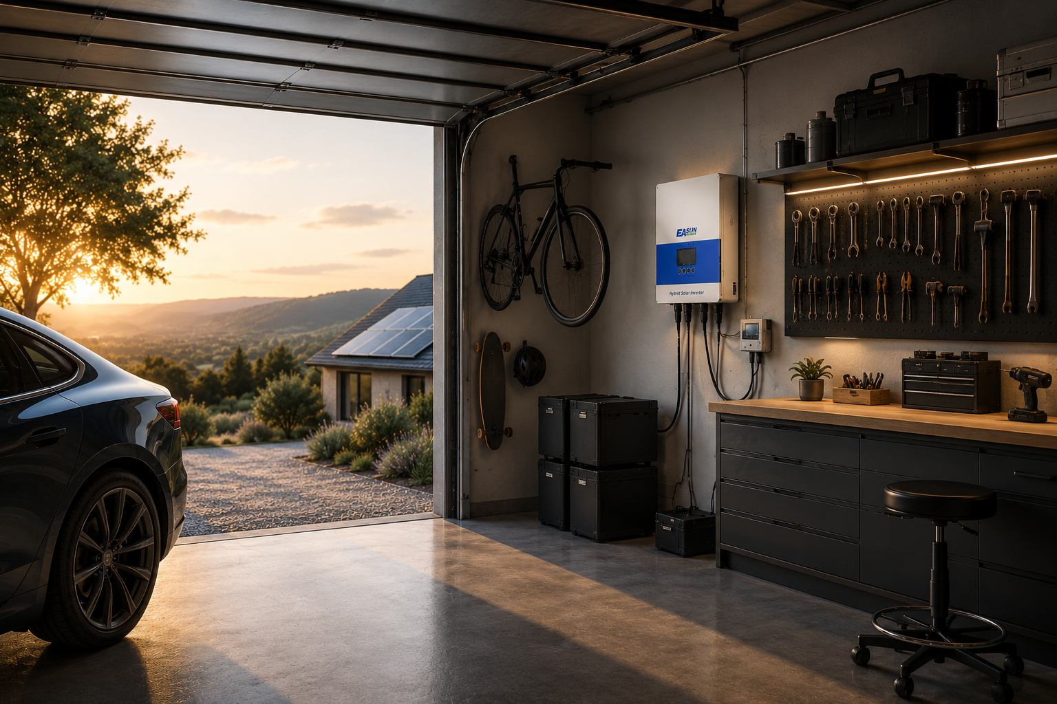 Off-grid solar inverter installed in a modern garage workshop with EV charging and home energy storage system