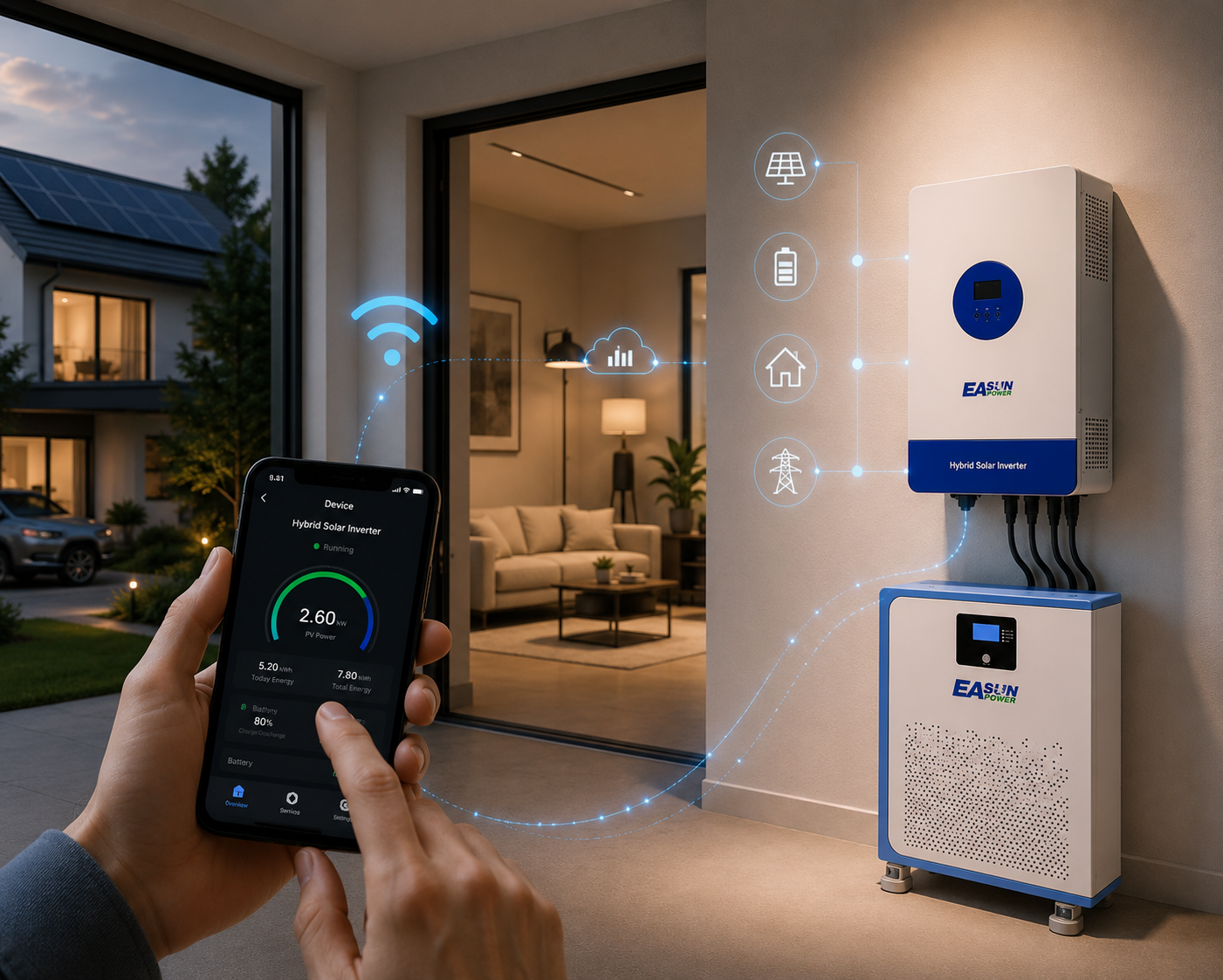 Modern smart home with rooftop solar panels, featuring a hybrid EASUN solar inverter and advanced battery system, controlled remotely via smartphone app, illustrating intelligent energy management and sustainable living.