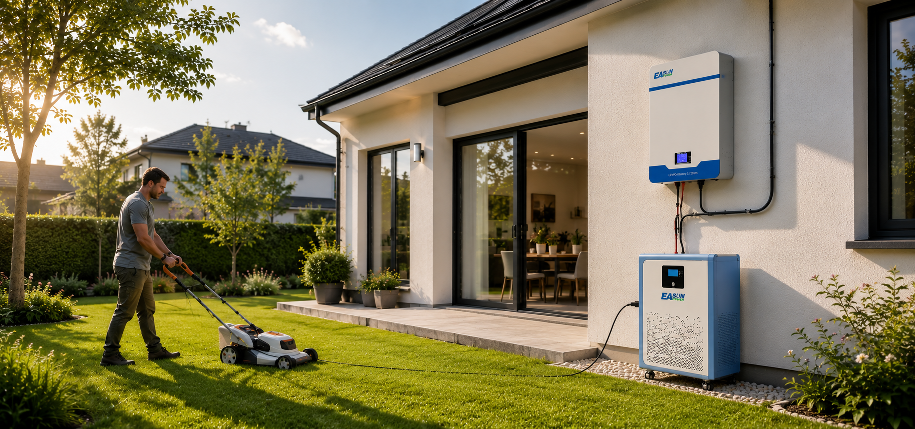 Maison résidentielle avec batterie murale et batterie mobile EASUN alimentant une tondeuse à gazon, un homme tondant sa pelouse dans un jardin bien entretenu.